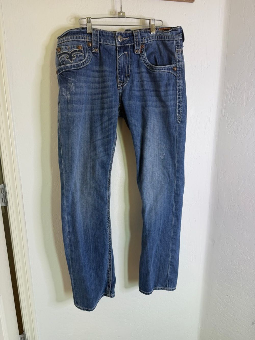Rock Revival Blue Denim Jeans with Embroidered Pocket 34 x32”